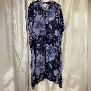 Plus Navy & Light Blue Floral Print Button Down Sheer Maxi Cardigan Shirt Dress
